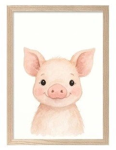 Australian Made Animal Friends Piglet Kids Art Print Natural Frame