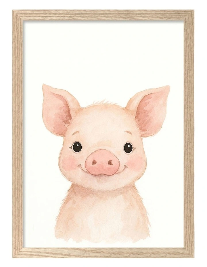 Australian Made Animal Friends Piglet Kids Art Print Natural Frame image 1