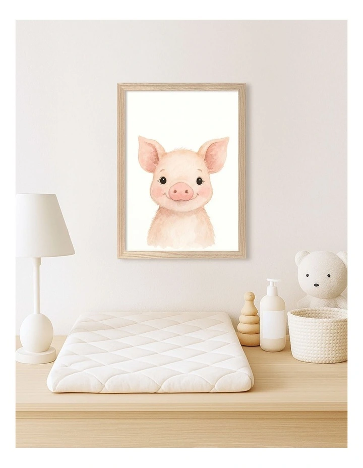 Australian Made Animal Friends Piglet Kids Art Print Natural Frame image 2