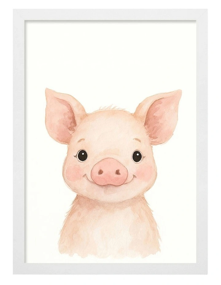Australian Made Animal Friends Piglet Kids Art Print White Frame image 1