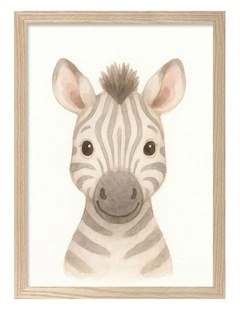 Australian Made Animal Friends Zebra Kids Art Print Natural Frame