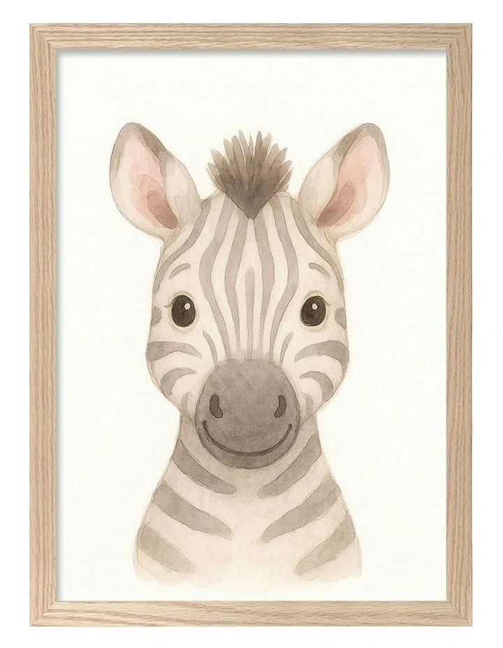Australian Made Animal Friends Zebra Kids Art Print Natural Frame image 1