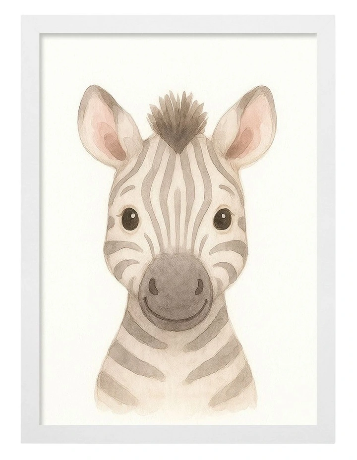 Australian Made Animal Friends Zebra Kids Art Print White Frame image 1