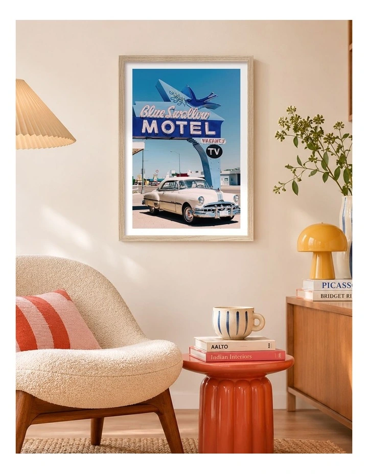 Australian Made Blue Swallow Motel Art Print Natural Frame image 2