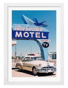 Australian Made Blue Swallow Motel Art Print White Frame