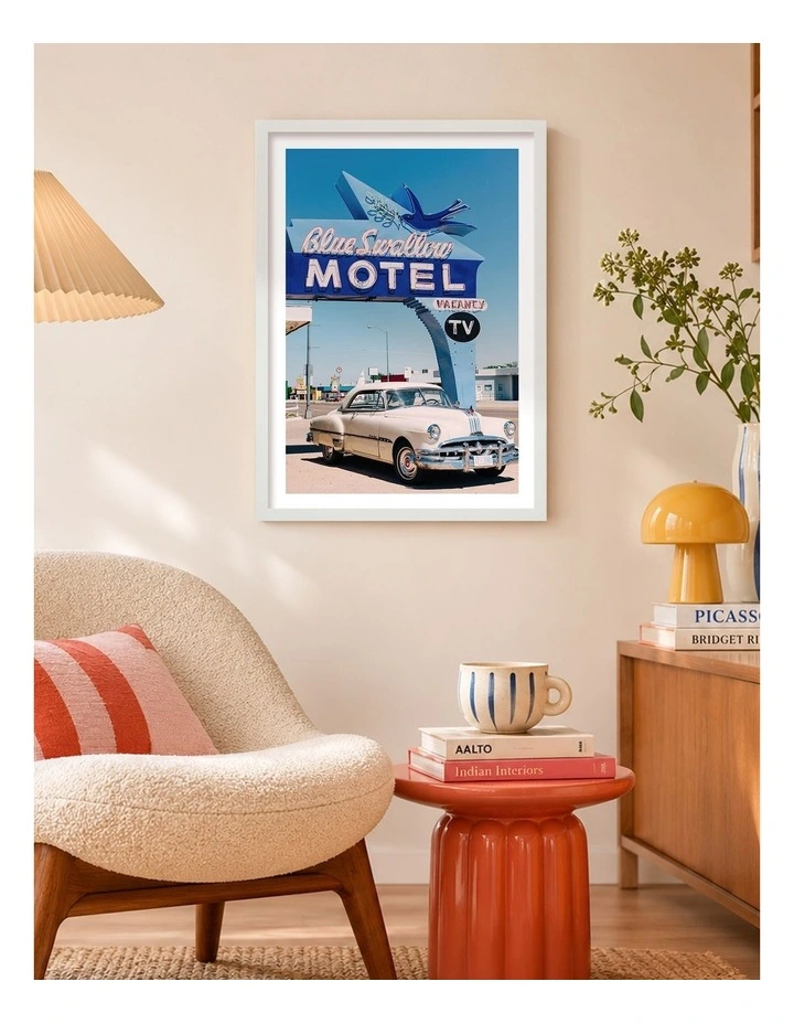 Australian Made Blue Swallow Motel Art Print White Frame image 2