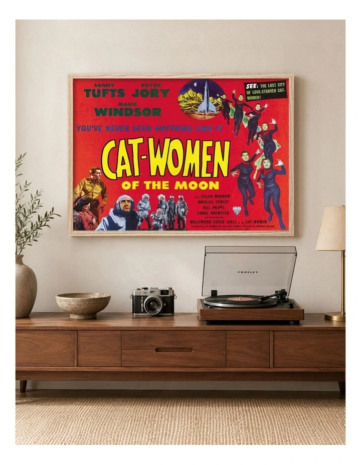 Australian Made Cat Women of the Moon Vintage Art Poster Natural Frame image 2