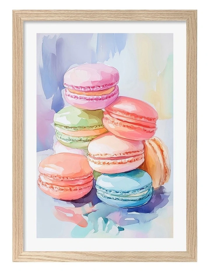 Australian Made Colourful Macarons Art Print Natural Frame image 1