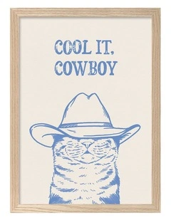 Australian Made Cool It Cowboy Blue Cat Art Print Natural Frame
