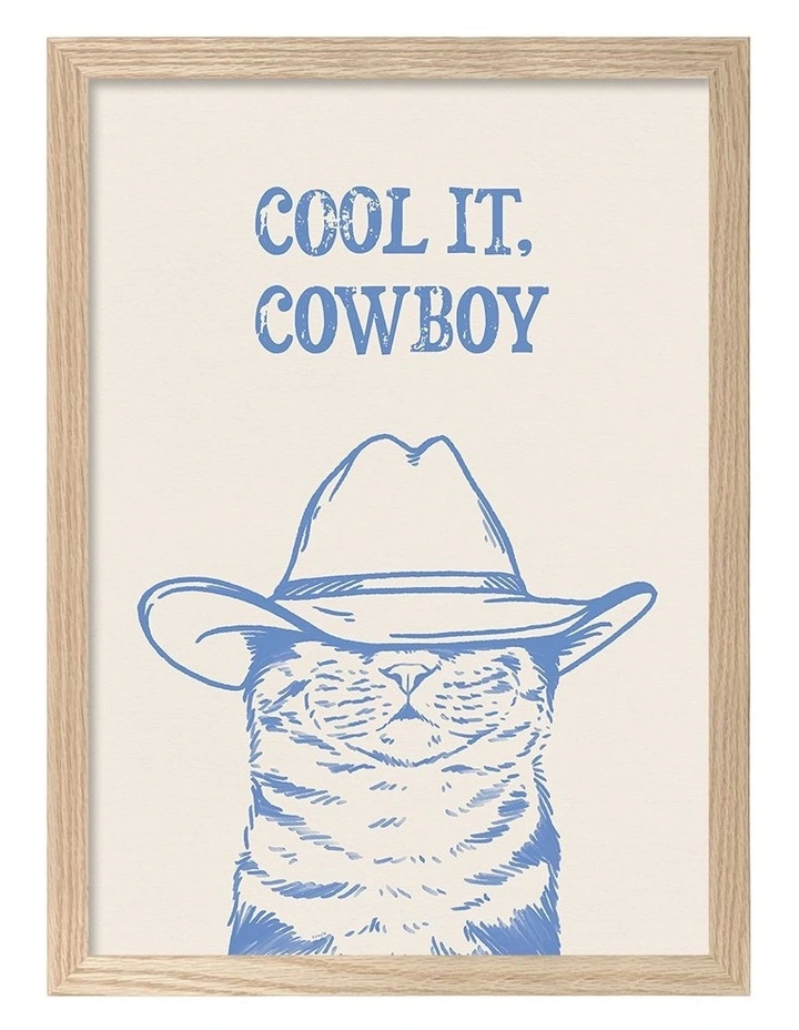 Australian Made Cool It Cowboy Blue Cat Art Print Natural Frame image 1