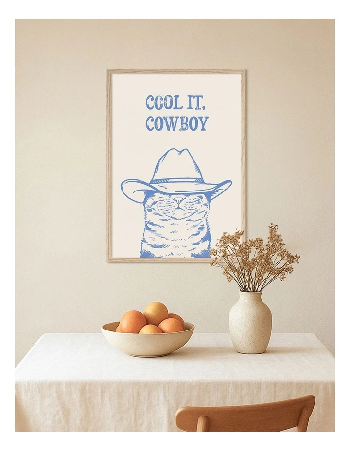 Australian Made Cool It Cowboy Blue Cat Art Print Natural Frame image 2