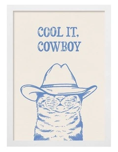 Australian Made Cool It Cowboy Blue Cat Art Print White Frame
