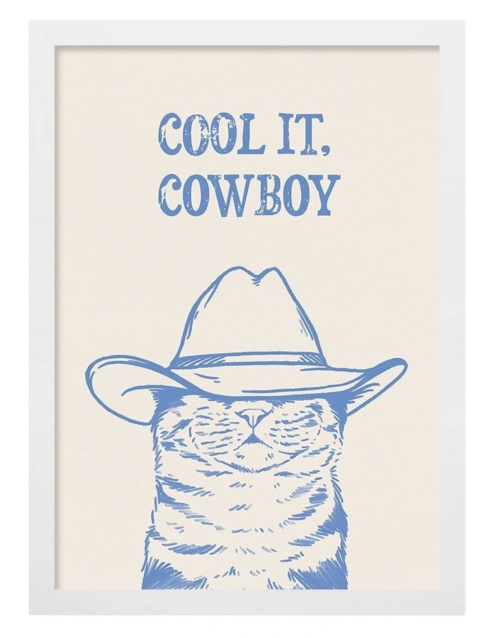 Australian Made Cool It Cowboy Blue Cat Art Print White Frame image 1