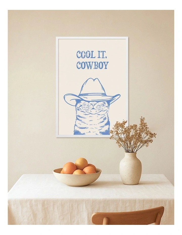 Australian Made Cool It Cowboy Blue Cat Art Print White Frame image 2