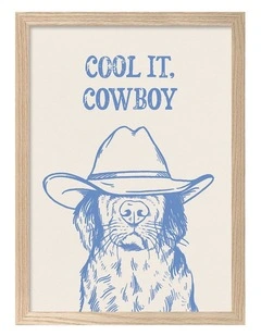 Australian Made Cool It Cowboy Blue Dog Art Print Natural Frame
