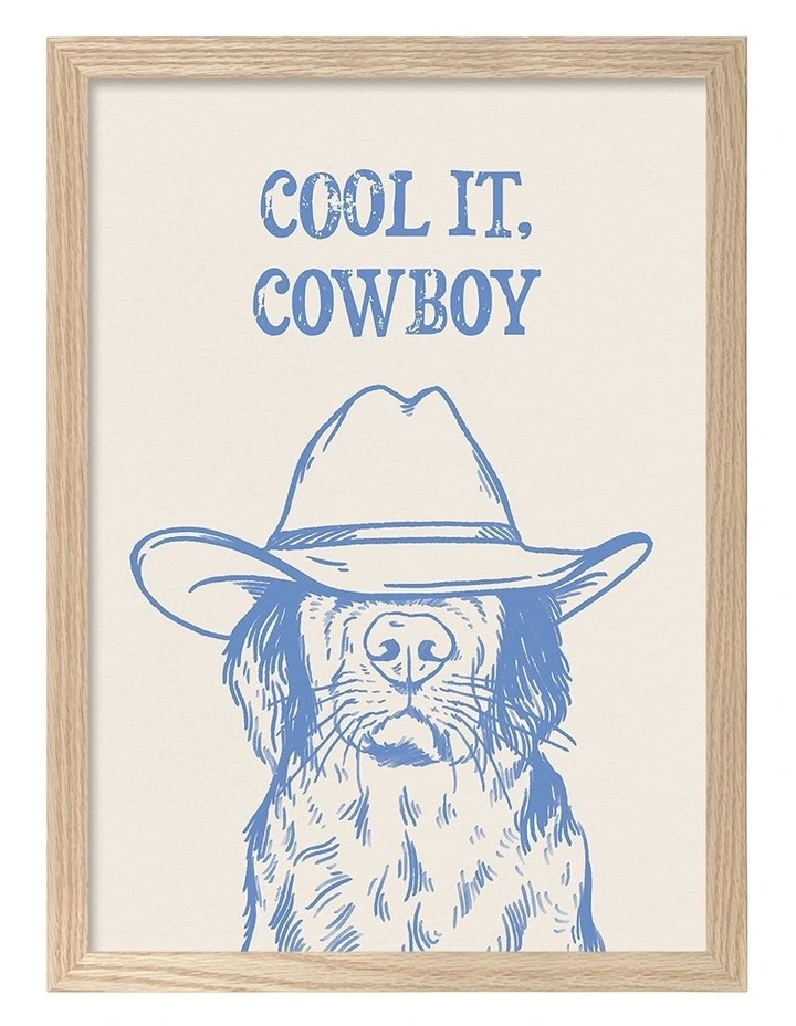 Australian Made Cool It Cowboy Blue Dog Art Print Natural Frame image 1