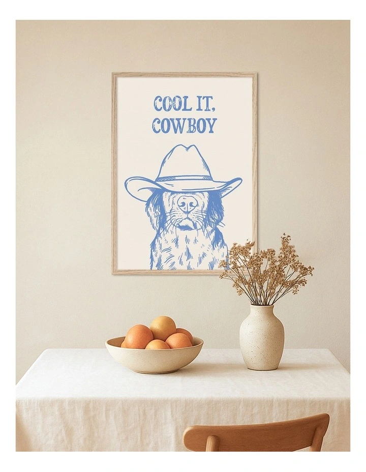 Australian Made Cool It Cowboy Blue Dog Art Print Natural Frame image 2