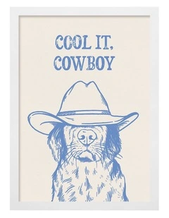 Australian Made Cool It Cowboy Blue Dog Art Print White Frame