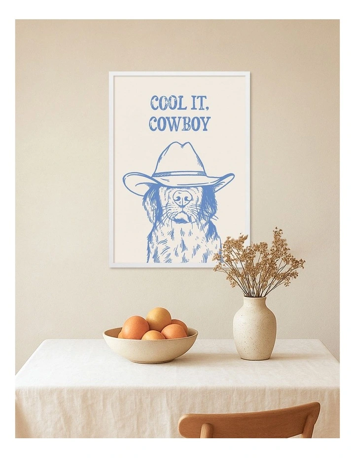 Australian Made Cool It Cowboy Blue Dog Art Print White Frame image 2