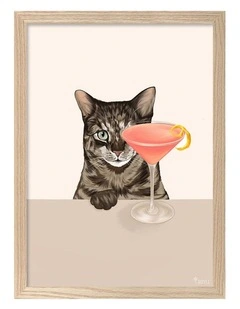 Australian Made Cosmopolitan Cat Art Print Natural Frame