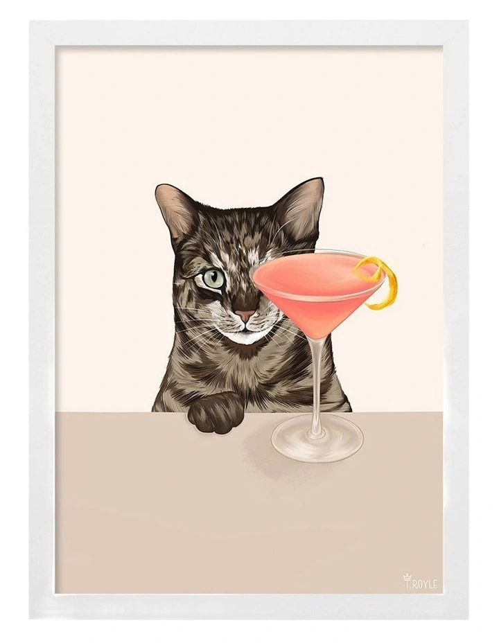 Australian Made Cosmopolitan Cat Art Print White Frame image 1
