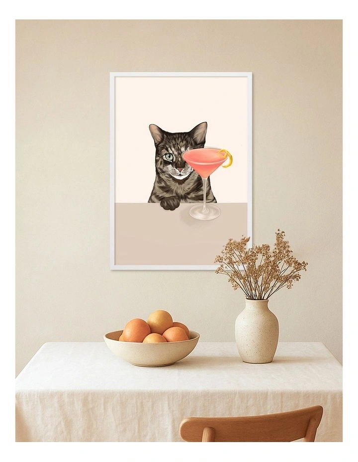 Australian Made Cosmopolitan Cat Art Print White Frame image 2