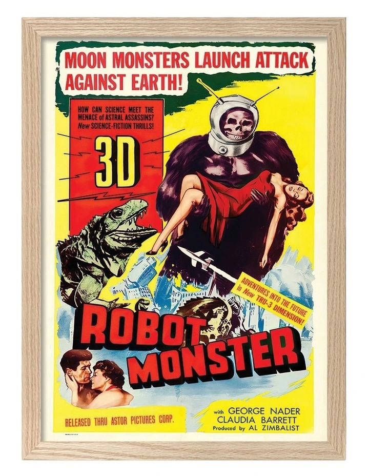 Australian Made Robot Monster Vintage Art Poster Natural Frame image 1