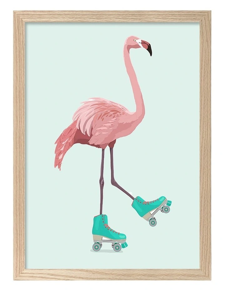 Australian Made Roller Flamingo Fun Art Print Natural Frame image 1