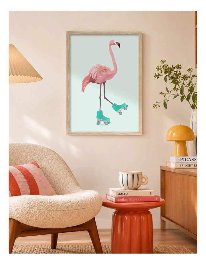 Australian Made Roller Flamingo Fun Art Print Natural Frame image 2