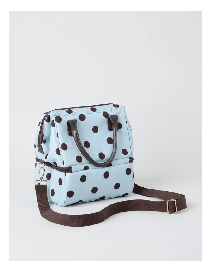 Double Layer Lunch Bag in Blue and Brown Polka Dot image 2