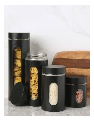 Stainless Steel Canister with Window Set of 4 in Black