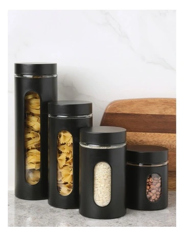 Stainless Steel Canister with Window Set of 4 in Black