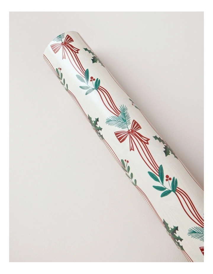 Heirloom Christmas Ribbon And Holly Leaves Wrap 5m in Cream image 2