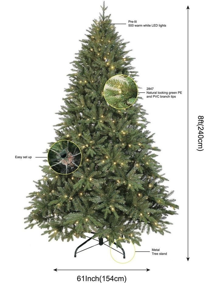 Fraser Fir 240cm 500L Pre-lit Christmas Tree 2847 Tips in Green image 4