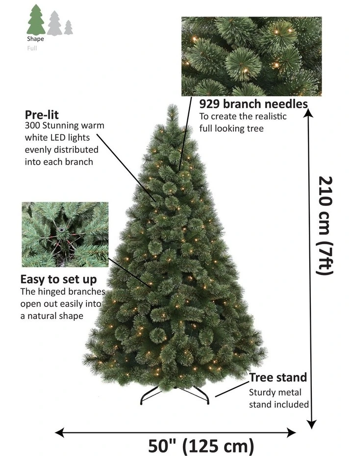 Glistening Pine 210cm 300L Pre-Lit Christmas Tree 929 Tips in Green image 6