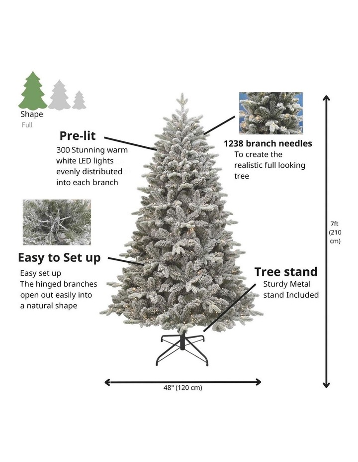 Arrow Pine Flocked 210cm 300L Pre-lit Christmas Tree 1238 tips in Green/White image 5
