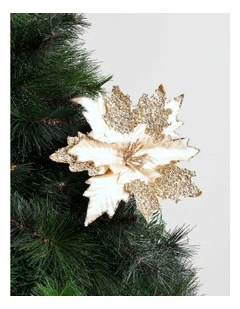 Luxe Christmas Glitter Fabric Poinsettia Pick 50cm in Champagne