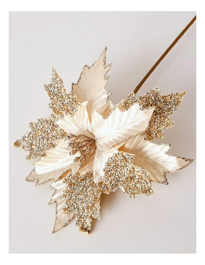Luxe Christmas Glitter Fabric Poinsettia Pick 50cm in Champagne image 3