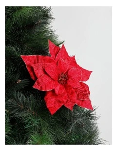 Heirloom Christmas Velvet Poinsettia Pick with Glitter Trim 6cm in Red