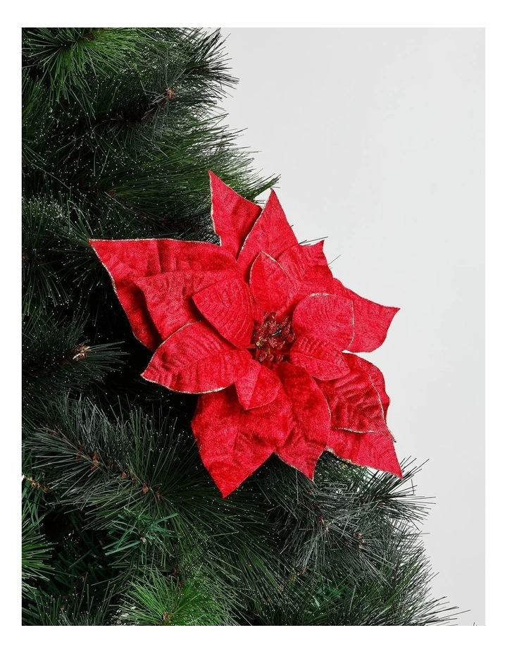Heirloom Christmas Velvet Poinsettia Pick with Glitter Trim 6cm in Red image 1
