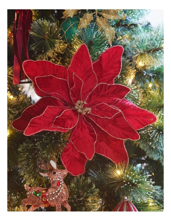 Heirloom Christmas Velvet Poinsettia Pick with Glitter Trim 6cm in Red image 3