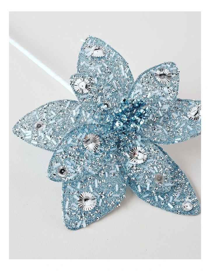 Luxe Christmas Embellished Poinsettia Pick 54cm in Blue image 4