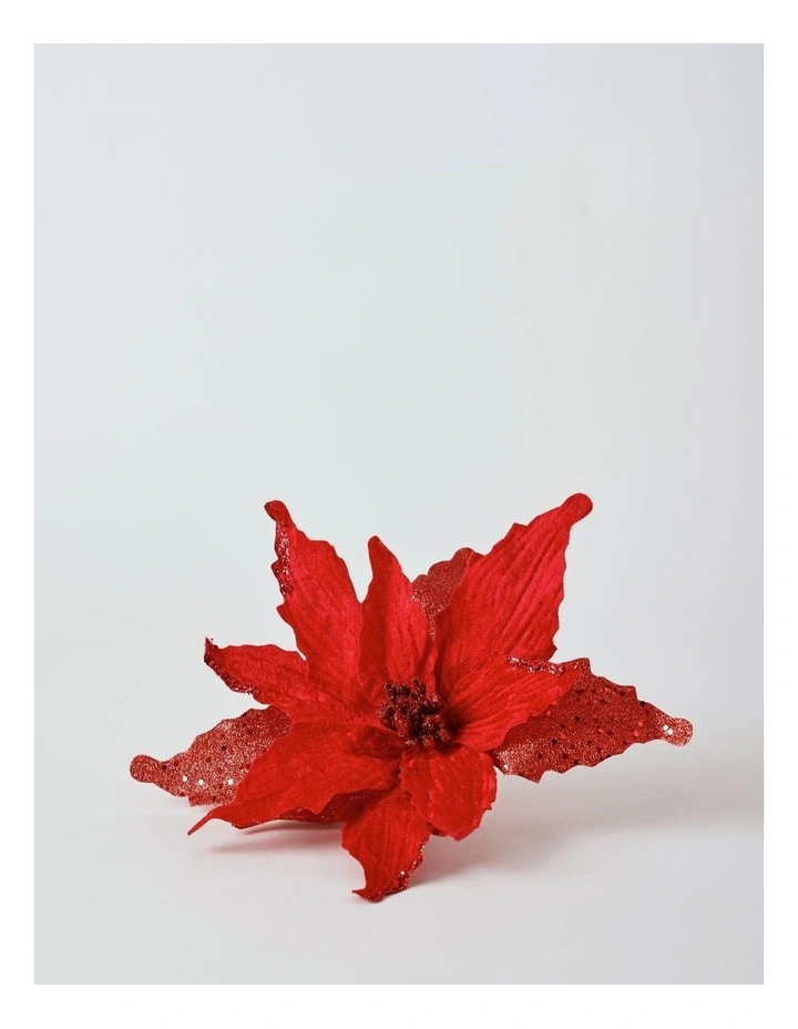 Heirloom Christmas Red Velvet & Glittered Poinsettia Pick image 2
