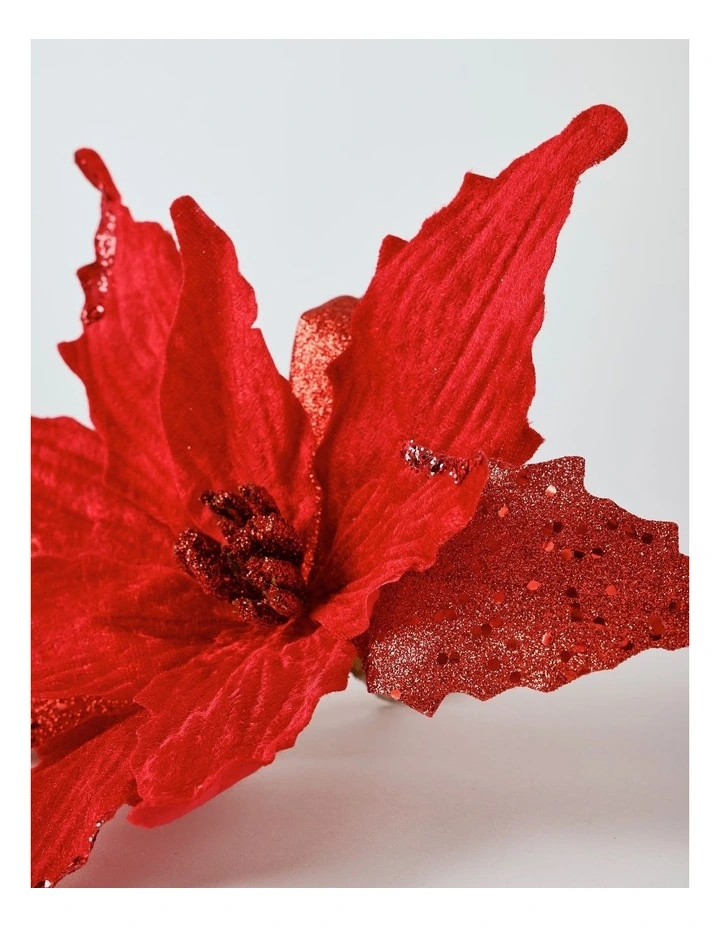 Heirloom Christmas Red Velvet & Glittered Poinsettia Pick image 3