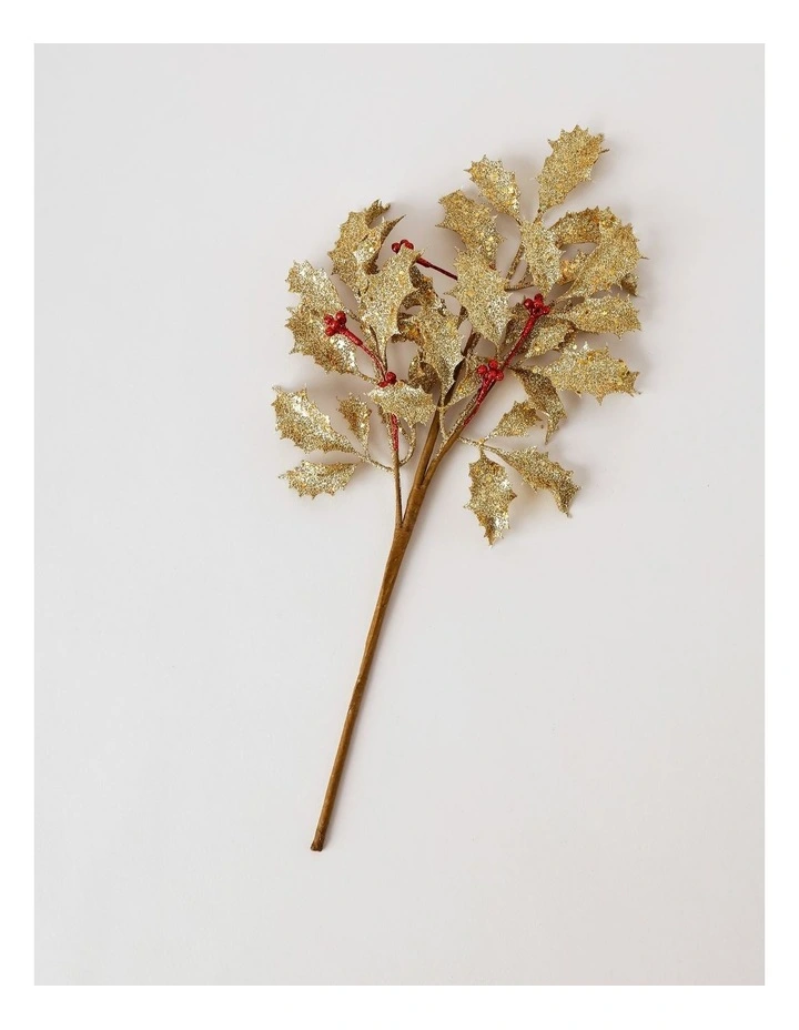 Heirloom Christmas Glittered Faux Holly Leaves & Berry Spray PickGold: 50 cm image 1