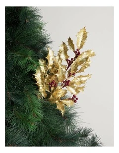 Heirloom Christmas Glittered Faux Holly Leaves & Berry Spray PickGold: 50 cm