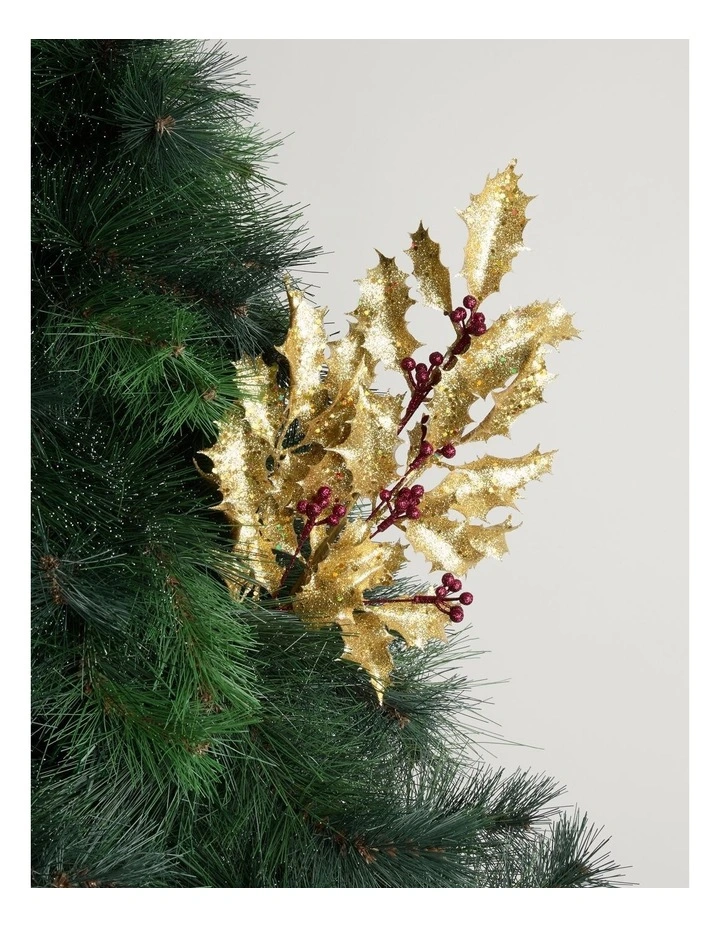 Heirloom Christmas Glittered Faux Holly Leaves & Berry Spray PickGold: 50 cm image 1