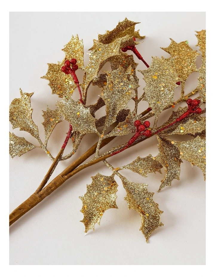 Heirloom Christmas Glittered Faux Holly Leaves & Berry Spray PickGold: 50 cm image 2