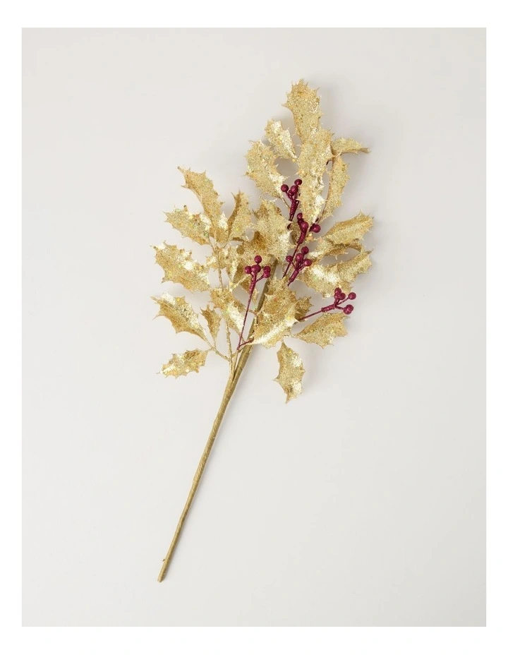 Heirloom Christmas Glittered Faux Holly Leaves & Berry Spray PickGold: 50 cm image 2
