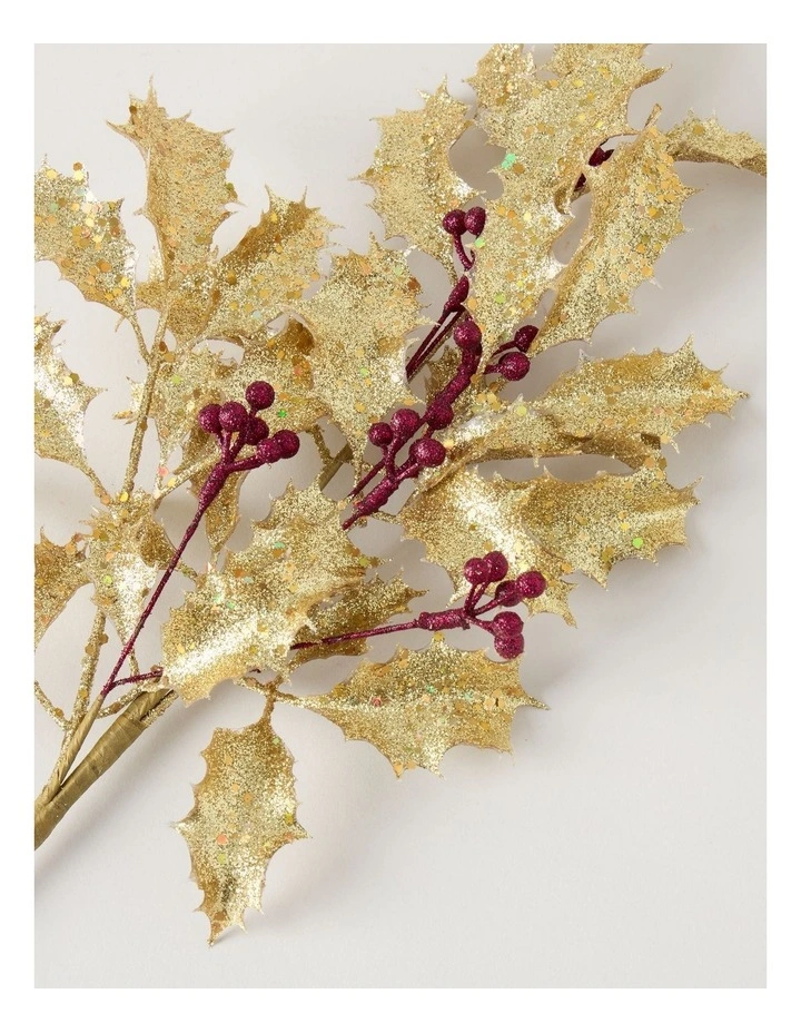 Heirloom Christmas Glittered Faux Holly Leaves & Berry Spray PickGold: 50 cm image 3